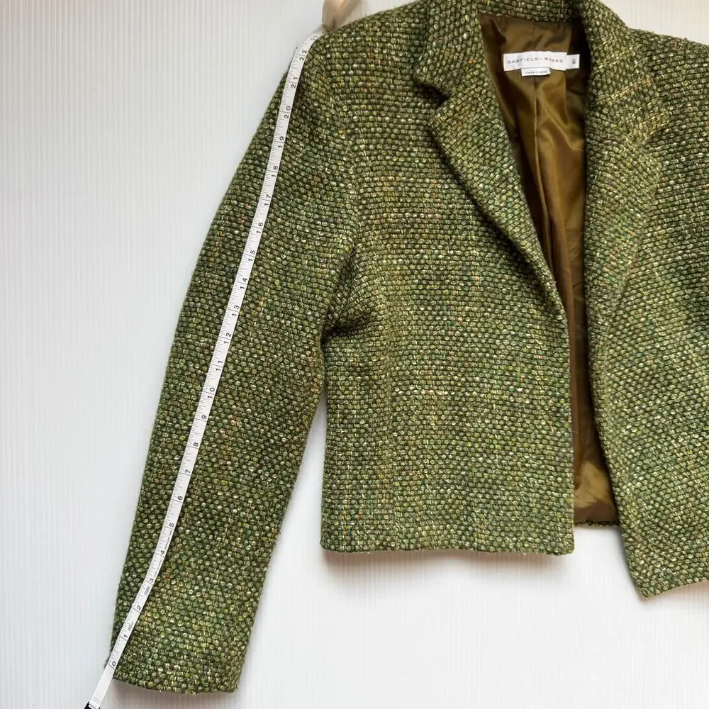 Vtg Tweed Cropped Blazer Green 80s Tailored Jacket Dark Academia Ivy League 6 - Picture 11 of 16